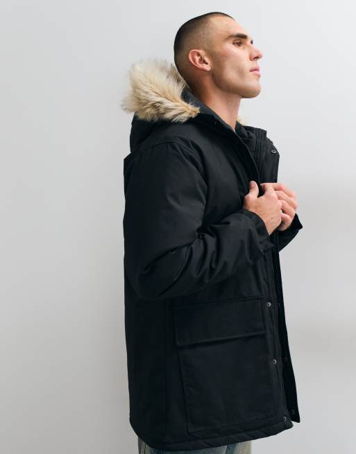 French Connection faux fur hood detail padded parka jacket in black, 4 of 5