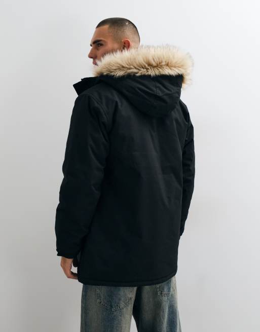 French Connection faux fur hood detail padded parka jacket in black, 5 of 5