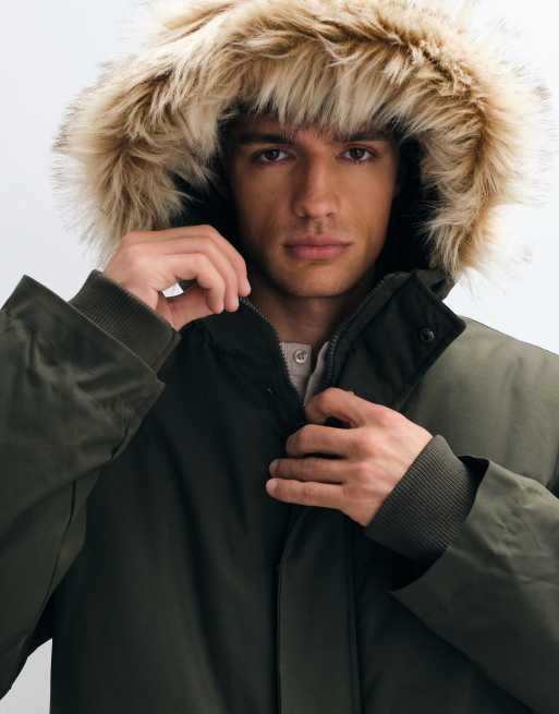 French Connection faux fur hood detail padded parka jacket in khaki, 2 of 5