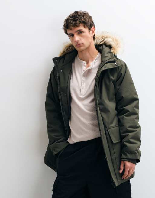 French Connection faux fur hood detail padded parka jacket in khaki, 3 of 5