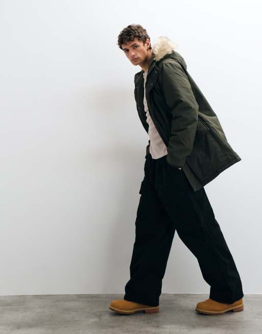 French Connection faux fur hood detail padded parka jacket in khaki, 4 of 5