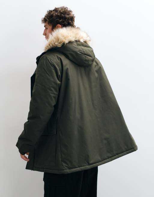French Connection faux fur hood detail padded parka jacket in khaki, 5 of 5