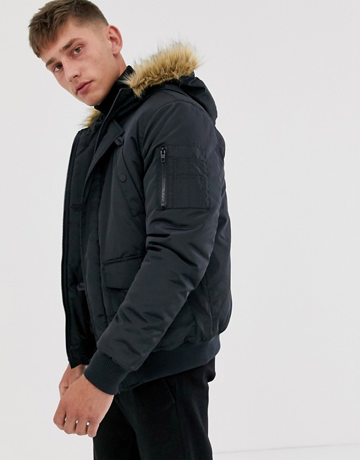 French Connection faux fur hood flight jacket