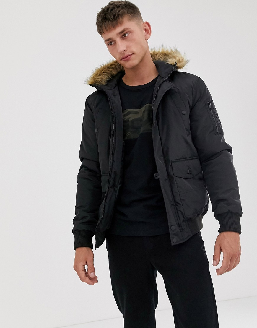 French Connection faux fur hood flight jacket-Black