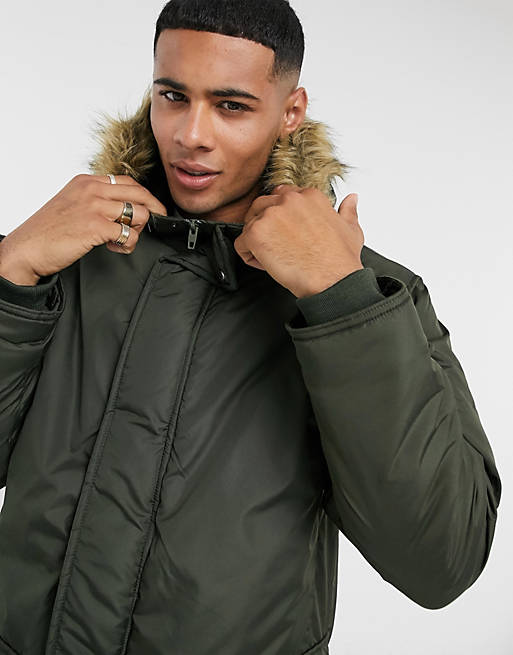 French Connection Parka Jacket With Faux Fur Hood in Green for Men Mens Clothing Coats Parka coats 