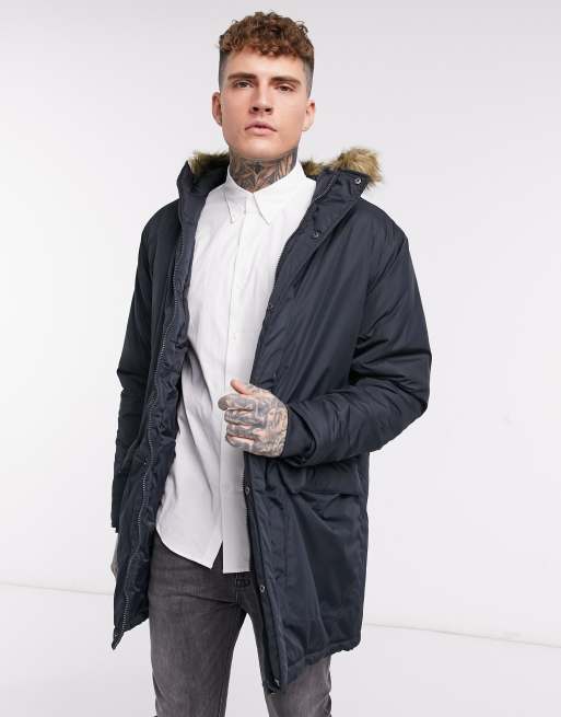 French Connection faux fur hood parka jacket in navy