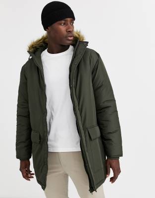 French Connection Faux Fur Hood Parka Jacket green ModeSens