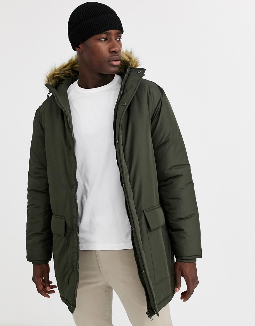 French Connection faux fur hood parka jacket-Green
