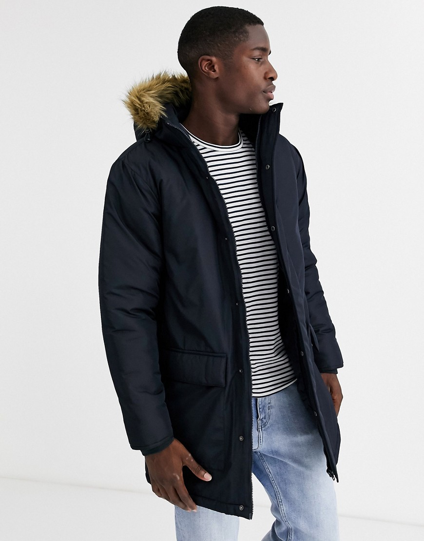 French Connection faux fur hood parka jacket-Navy
