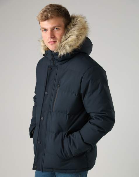 French Connection Faux fur hooded padded parka mid-length jacket in navy - view 1