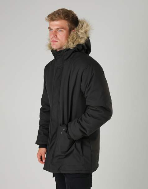 French Connection Faux fur hooded parka longline zip-through jacket in black - view 1