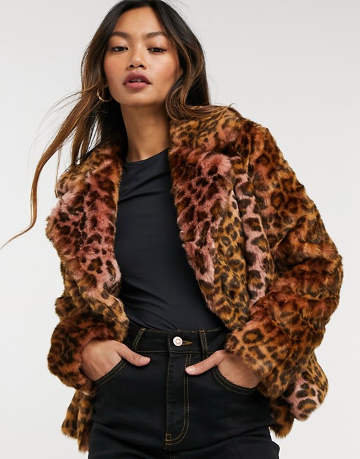 French Connection Faux Fur Leopard Print Coat