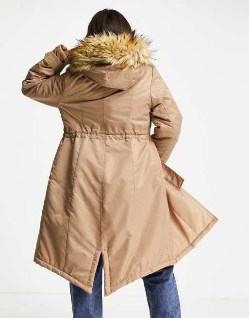 French Connection faux fur lined parka coat in beige and mustard