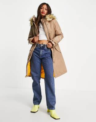 French Connection faux fur lined parker jacket in beige and mustard - ASOS Price Checker