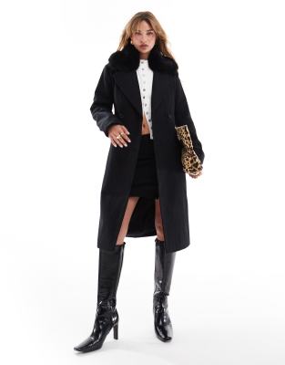 faux fur trim coat in black