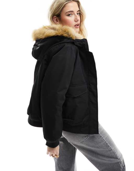 Black fur bomber jacket with hood hotsell