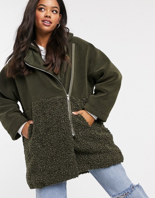 French Connection faux fur zip through oversize teddy coat in green
