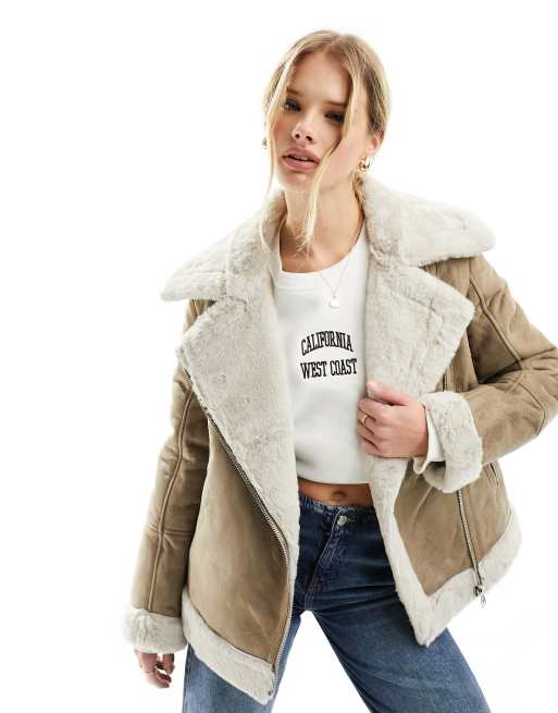 French Connection faux leather aviator jacket in taupe ASOS