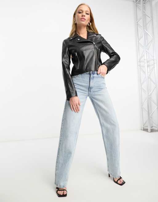 Zara - Faux Leather Crop Biker Jacket - Black - Women