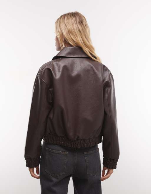 French Connection faux leather bomber jacket in chocolate, 4 of 4