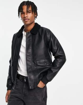 Bershka washed faux leather bomber jacket in black