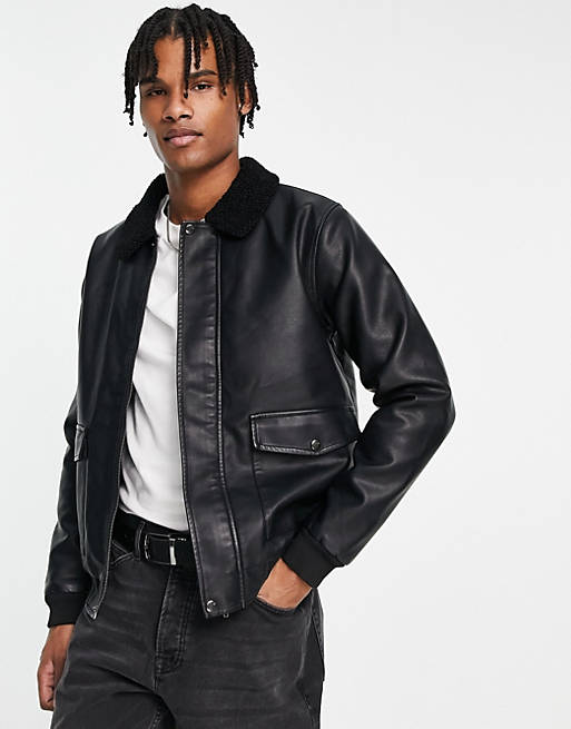 French Connection faux leather flight jacket with borg collar in black ...
