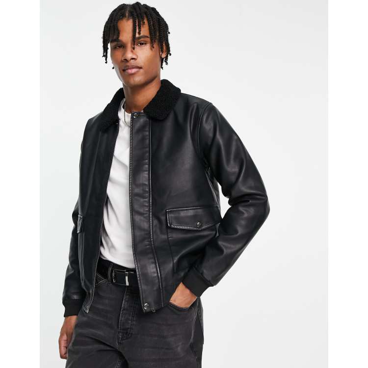 French Connection faux leather flight jacket with borg collar in