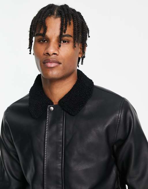 French Connection faux leather flight jacket with borg collar in black ASOS