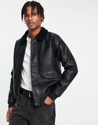 French Connection faux leather flight jacket with borg collar in black