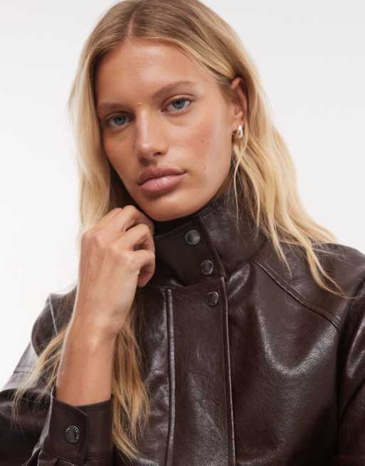 French Connection faux leather funnel neck jacket in chocolate, 2 of 4
