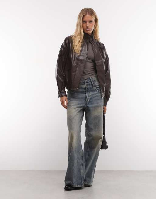 French Connection faux leather funnel neck jacket in chocolate, 3 of 4