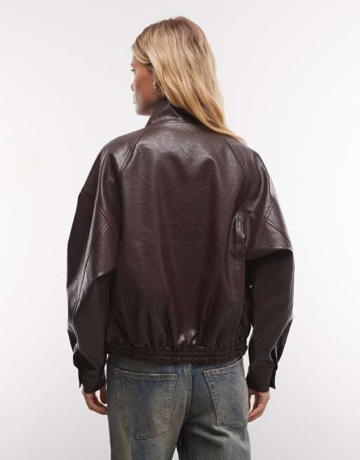 French Connection faux leather funnel neck jacket in chocolate, 4 of 4