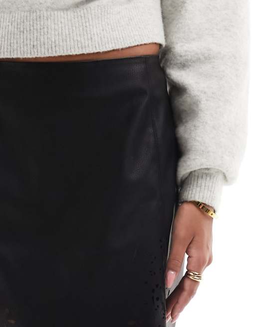 French Connection faux leather mini skirt with embroidery in tonal black