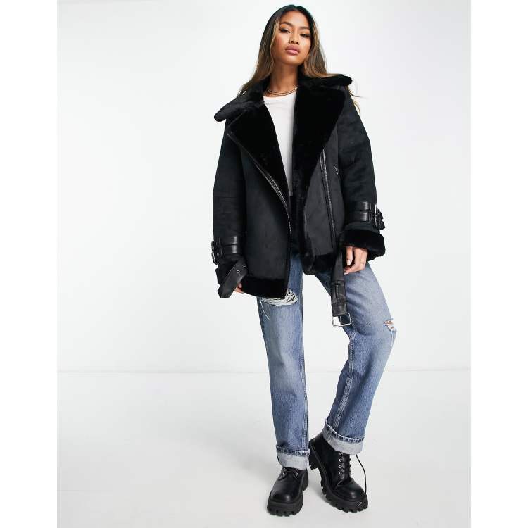 French Connection faux shearling aviator jacket in black