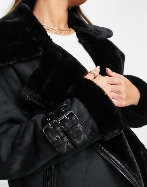 Petite Faux Fur Seam Detail Aviator Jacket