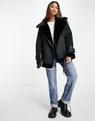 French Connection Faux Shearling Aviator Jacket In Black