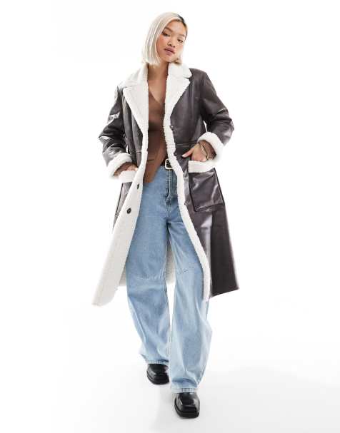 French Connection faux shearling coat in chocolate - view 1