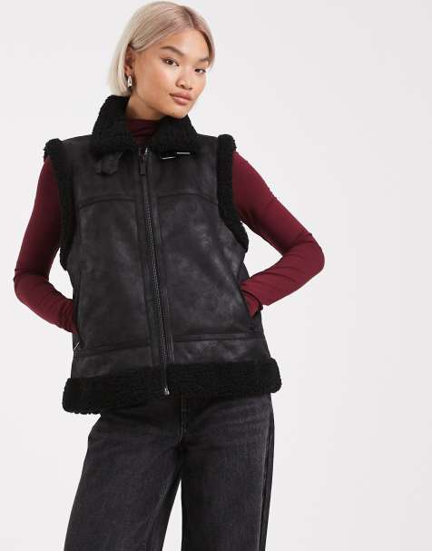 French Connection faux suede borg lined gilet in black - view 1