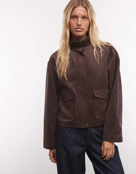 French Connection faux suede funnel neck jacket in chocolate - view 1