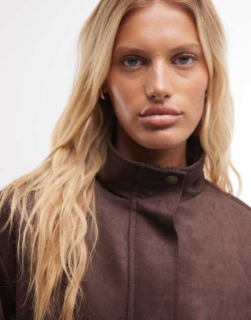 French Connection faux suede funnel neck jacket in chocolate, 2 of 4