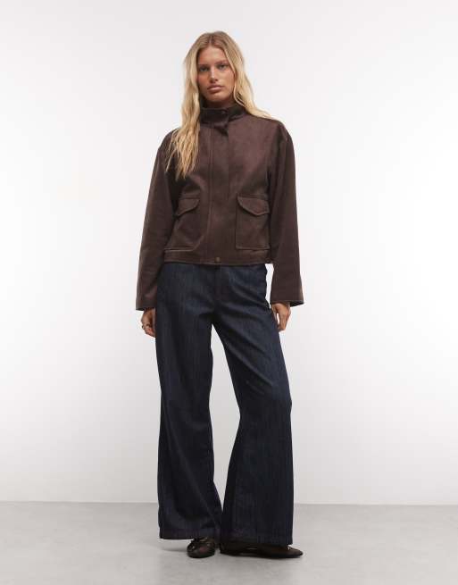 French Connection faux suede funnel neck jacket in chocolate, 3 of 4