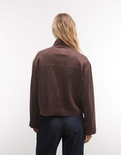 French Connection faux suede funnel neck jacket in chocolate, 4 of 4