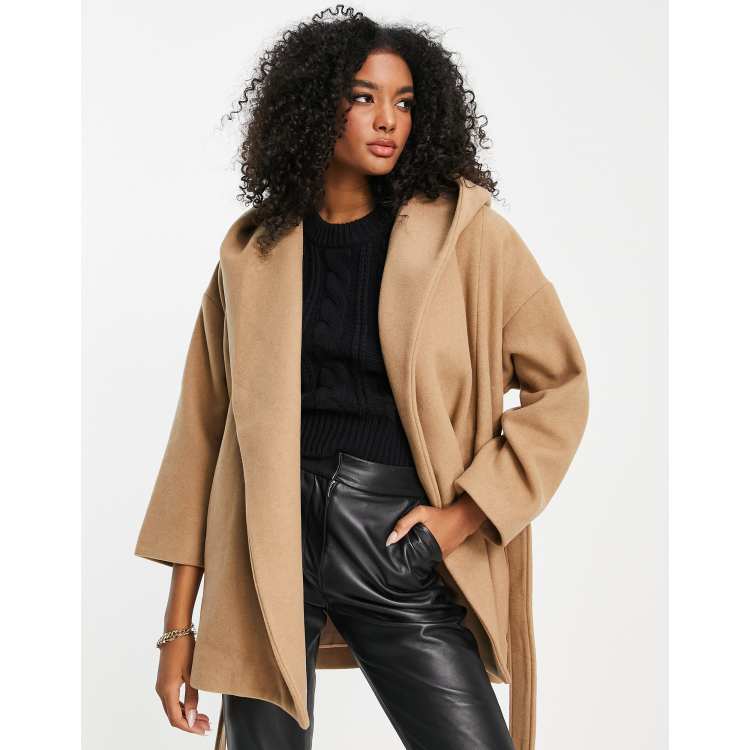 French Connection Favan hooded coat with belt in camel