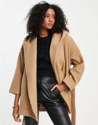French Connection hooded coat with belt in camel | ASOS