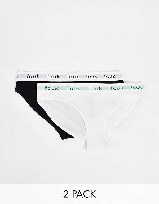 French Connection FCUK 2 pack briefs in black white with green logo