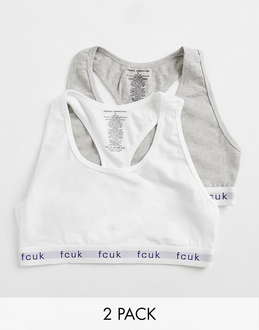 French Connection FCUK 2 pack crop tops in white and gray-Multi