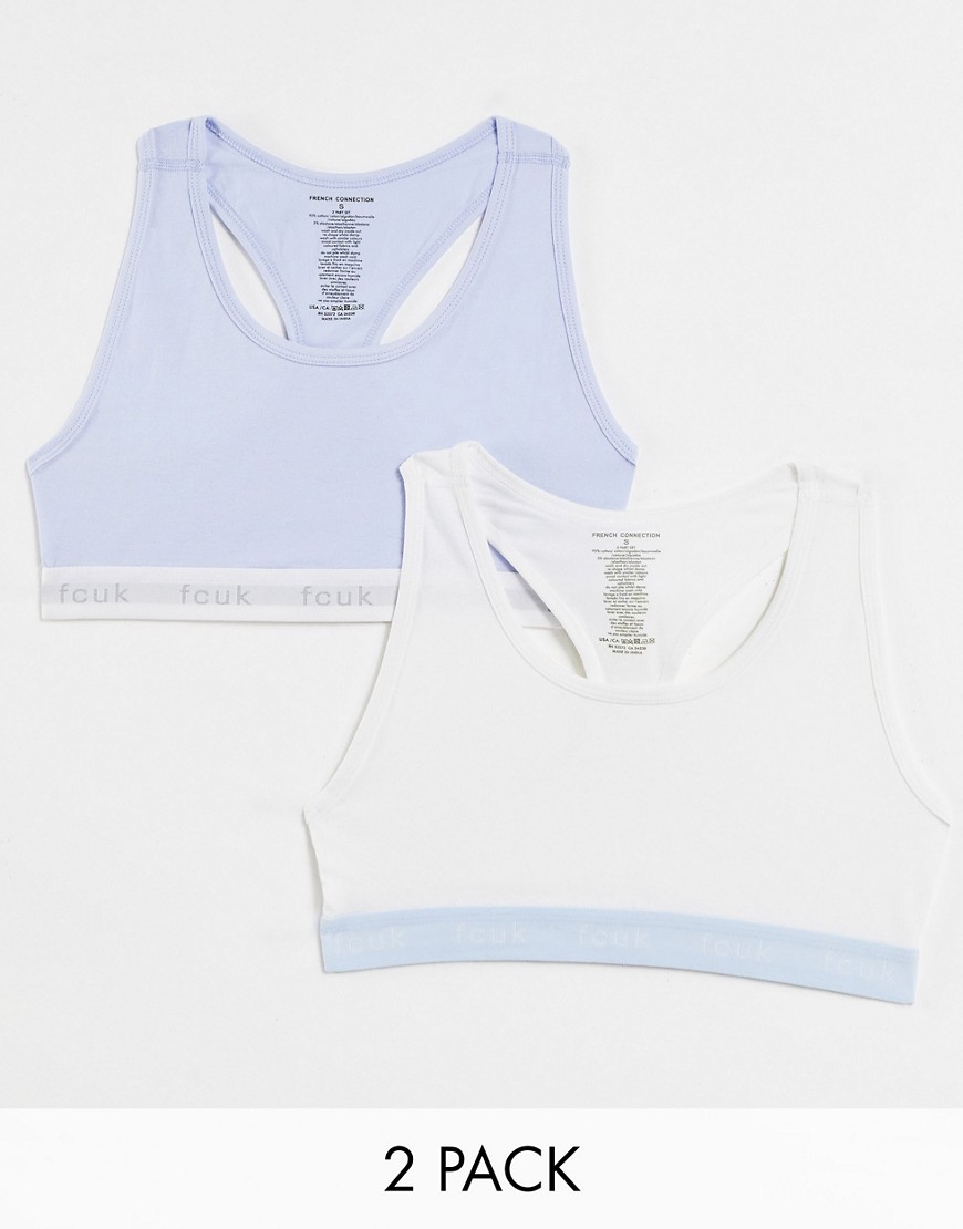 French Connection FCUK 2 pack crop tops with logo tape in white and saltwater blue-Multi