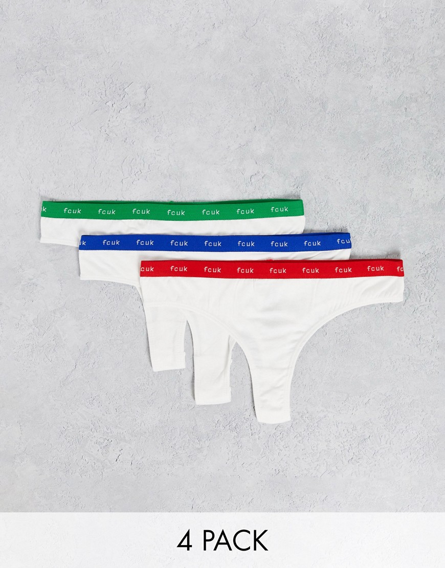 French Connection Fcuk 3 Pack Thongs In White With Bright Waistbands-multi