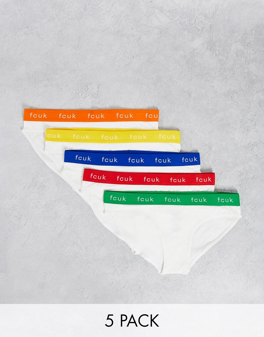 French Connection FCUK 5 pack briefs in white with bright logo waistband-Multi
