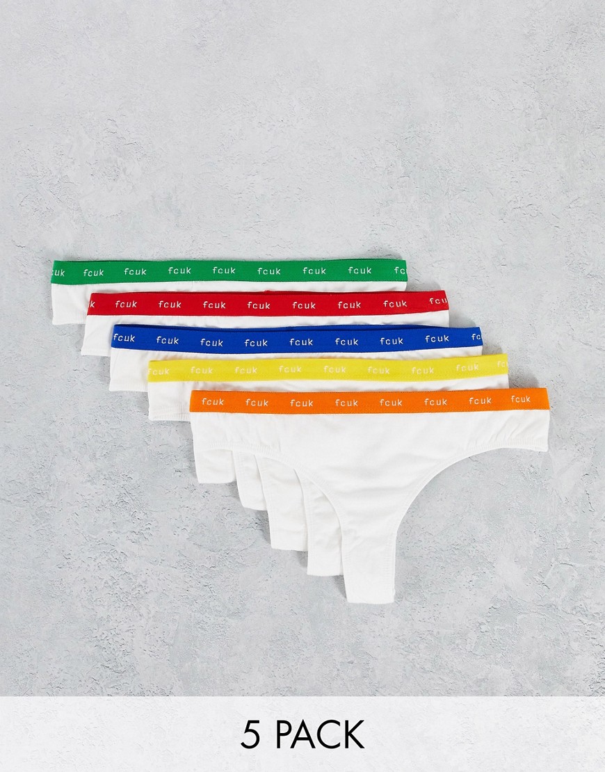 French Connection FCUK 5-pack thongs with logo waistband in brights-Multi